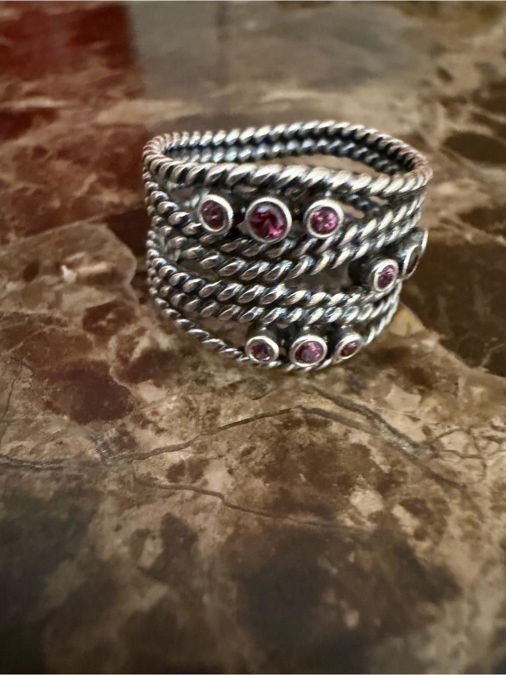 Pandora Silver Rope Stack Ring with Pink Stones